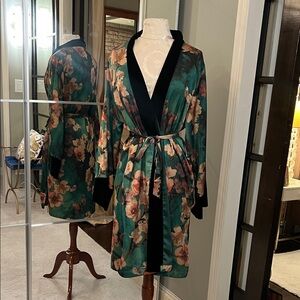Elegant Floral Satin Robe with Black Velvet Trim